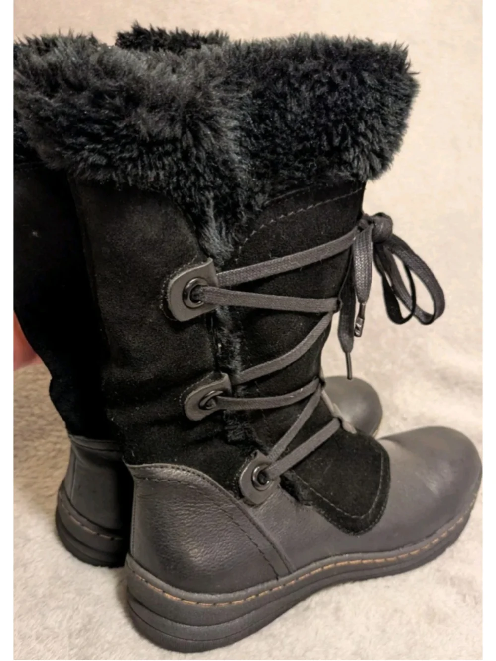 Bare Traps Aide Women's 8.5M Side Zip Up Leather Boots Lace Up Faux Fur B233